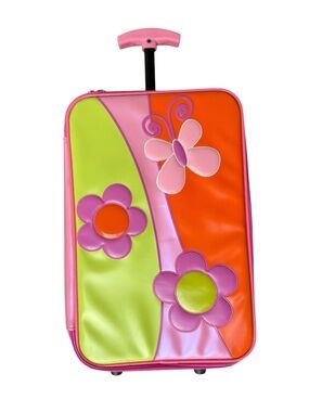 Vintage Y2K Kids Rolling Suitcase Pink Butterfly Flower PVC Carry On Travel Bag